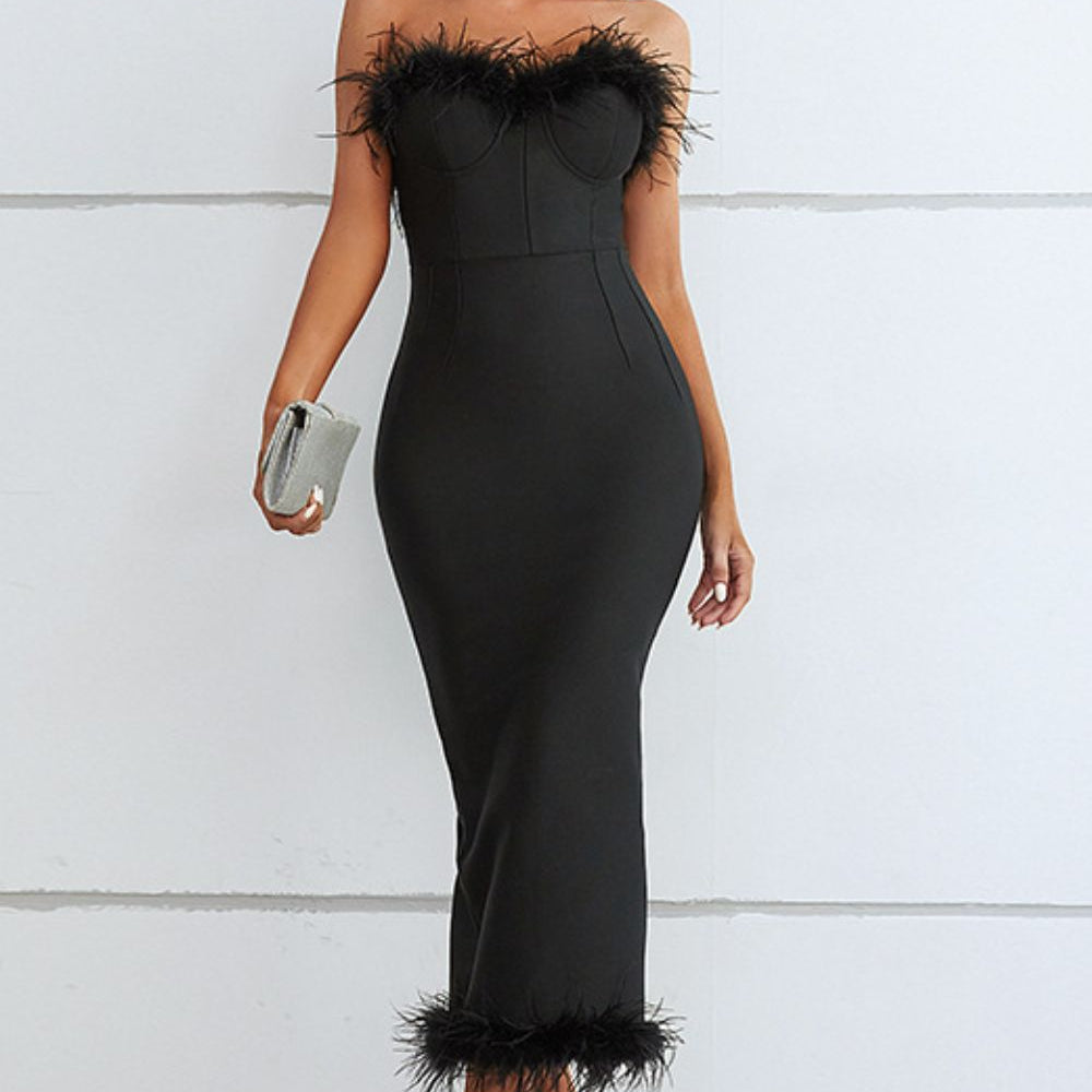 Feather Trim Strapless Sweetheart Neck Dress - Guy Christopher