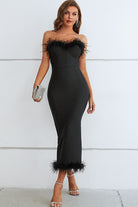 Feather Trim Strapless Sweetheart Neck Dress - Guy Christopher