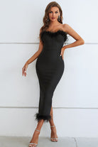 Feather Trim Strapless Sweetheart Neck Dress - Guy Christopher