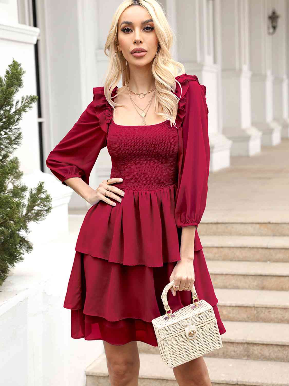 Smocked Square Neck Layered Dress - Guy Christopher 