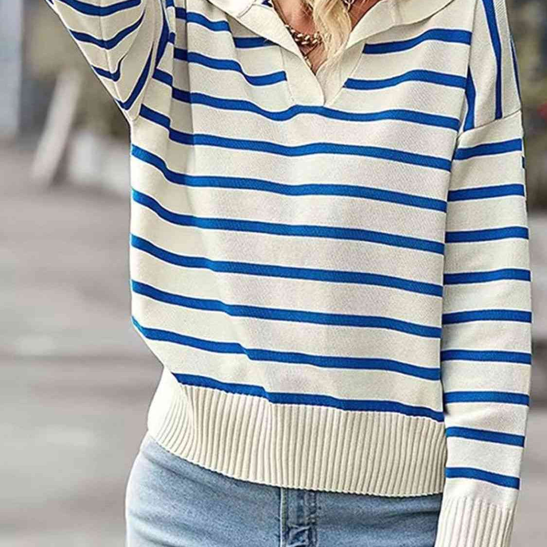 Striped Collared Neck Knit Top - Guy Christopher 