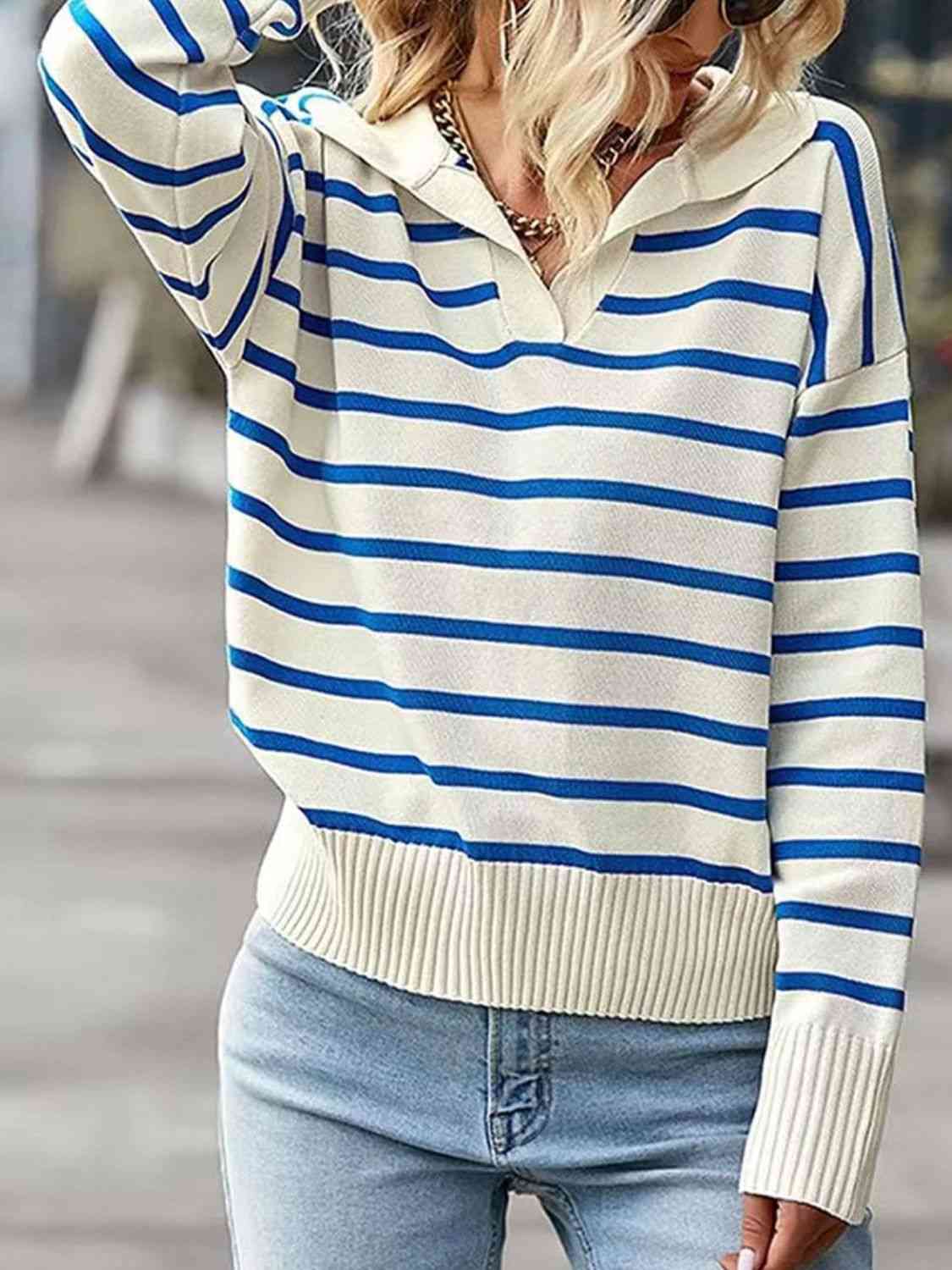 Striped Collared Neck Knit Top - Guy Christopher 