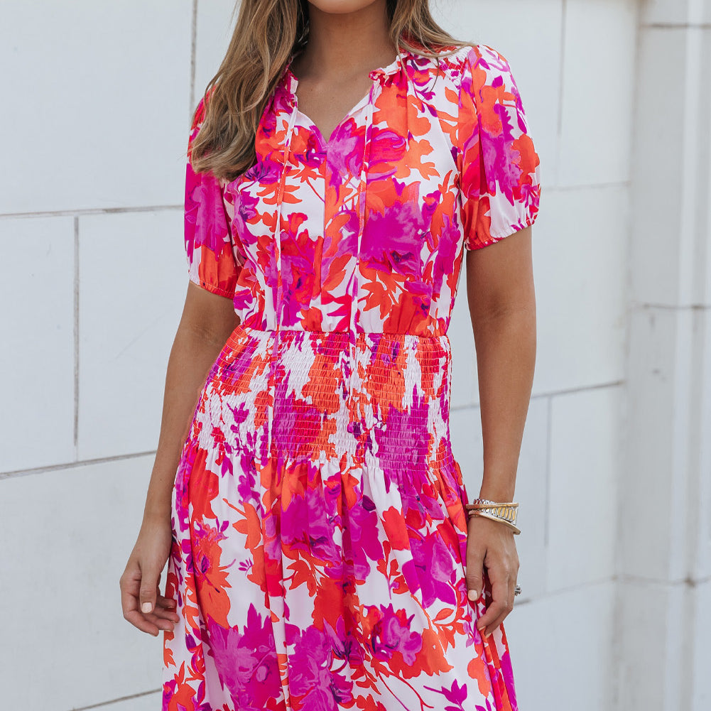 Smocked Printed Tie Neck Short Sleeve Dress