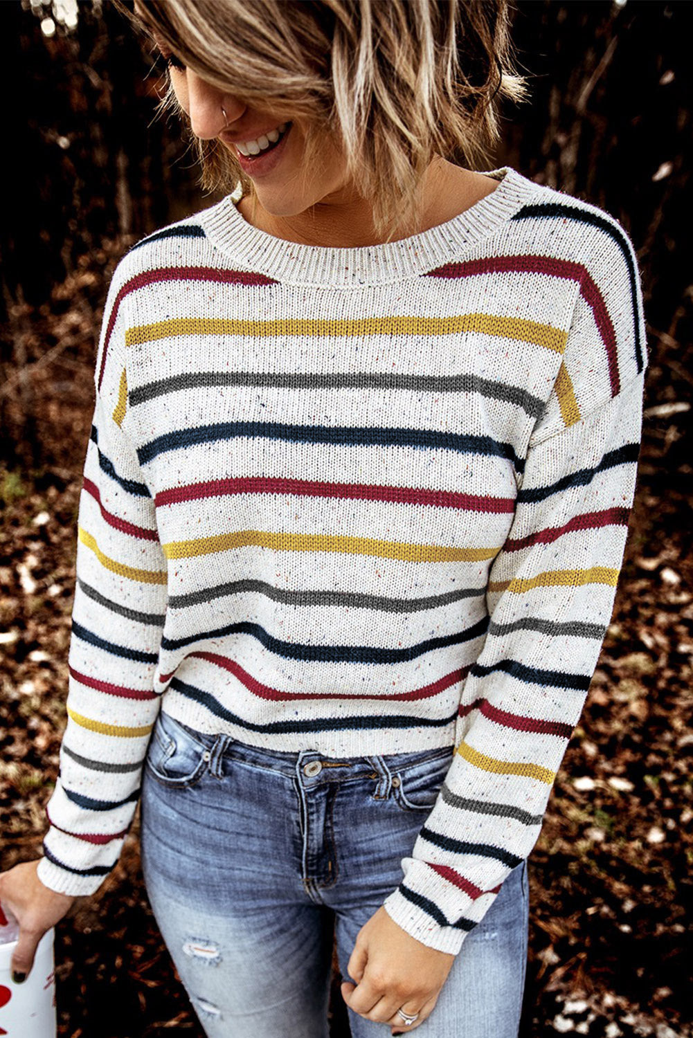 Striped Round Neck Ribbed Trim Sweater - Guy Christopher 