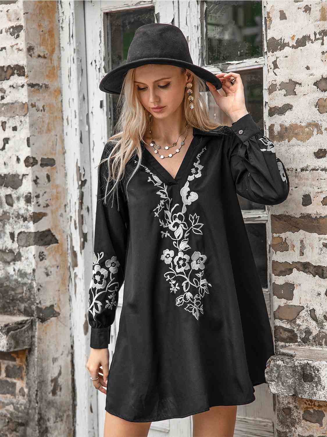 Floral Collared Neck Long Sleeve Dress - Guy Christopher