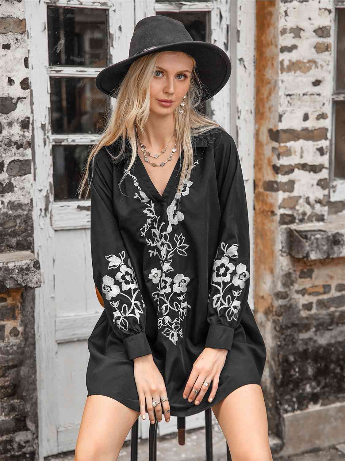 Floral Collared Neck Long Sleeve Dress - Guy Christopher