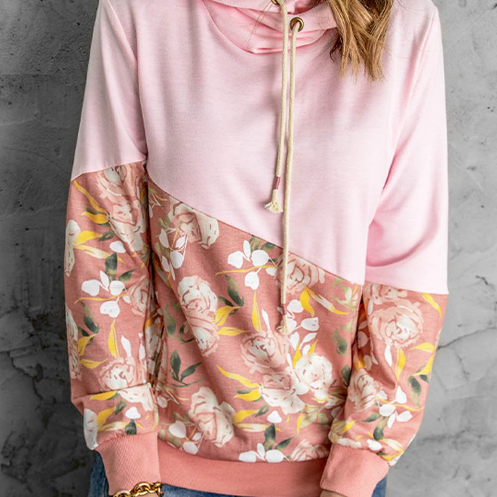 Floral Color Block Drawstring Hoodie - Embrace the Romance of Life with Every Step You Take - Delicate Blooms, Comfortable Fit. - Guy Christopher