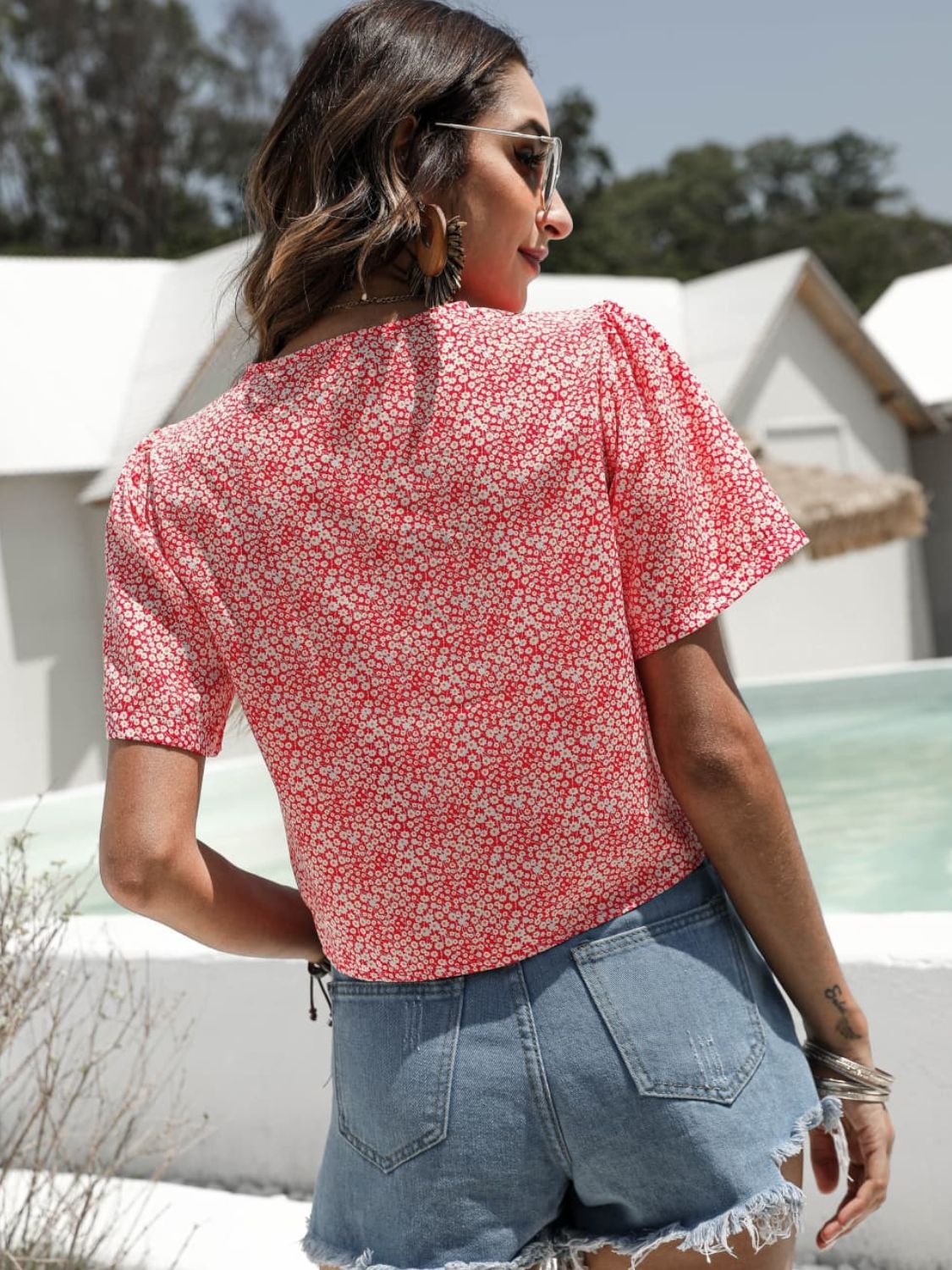 Floral Drawstring Deep V Cropped Blouse - Guy Christopher