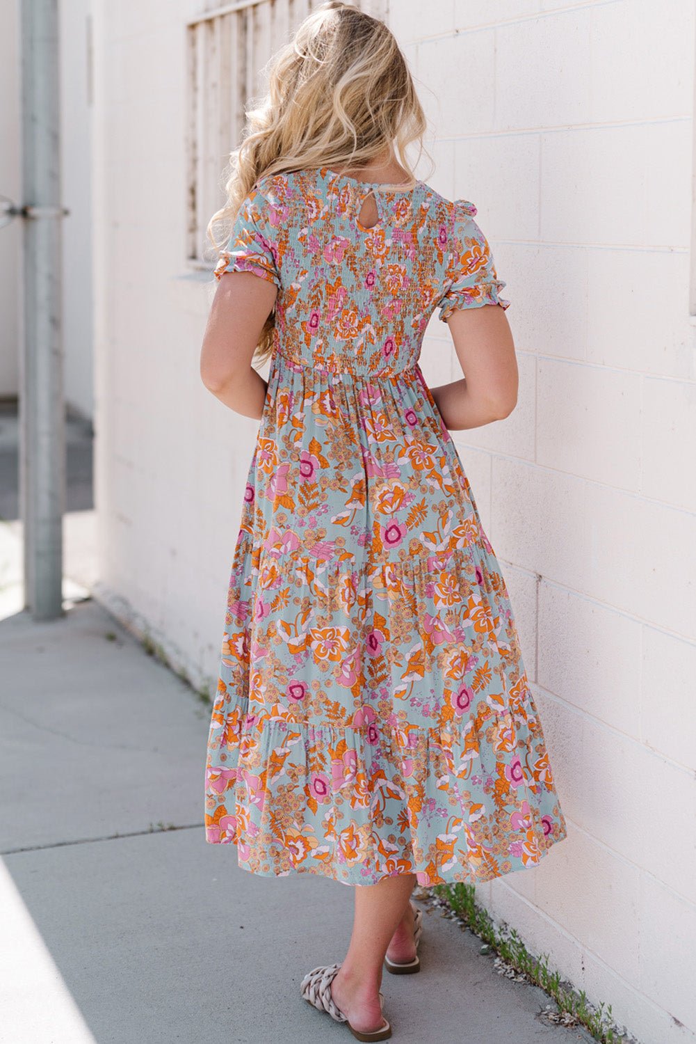 Floral Flounce Sleeve Round Neck Midi Dress - Guy Christopher