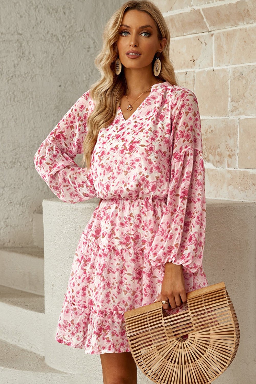 Floral Frill Trim Puff Sleeve Notched Neck Dress - Guy Christopher