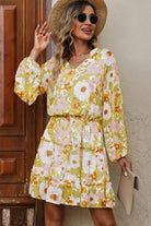 Floral Frill Trim Puff Sleeve Notched Neck Dress - Guy Christopher