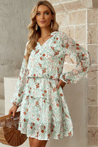 Floral Frill Trim Puff Sleeve Notched Neck Dress - Guy Christopher