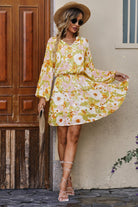 Floral Frill Trim Puff Sleeve Notched Neck Dress - Guy Christopher