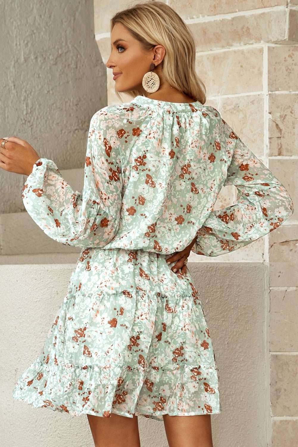 Floral Frill Trim Puff Sleeve Notched Neck Dress - Guy Christopher