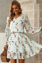 Floral Frill Trim Puff Sleeve Notched Neck Dress - Guy Christopher