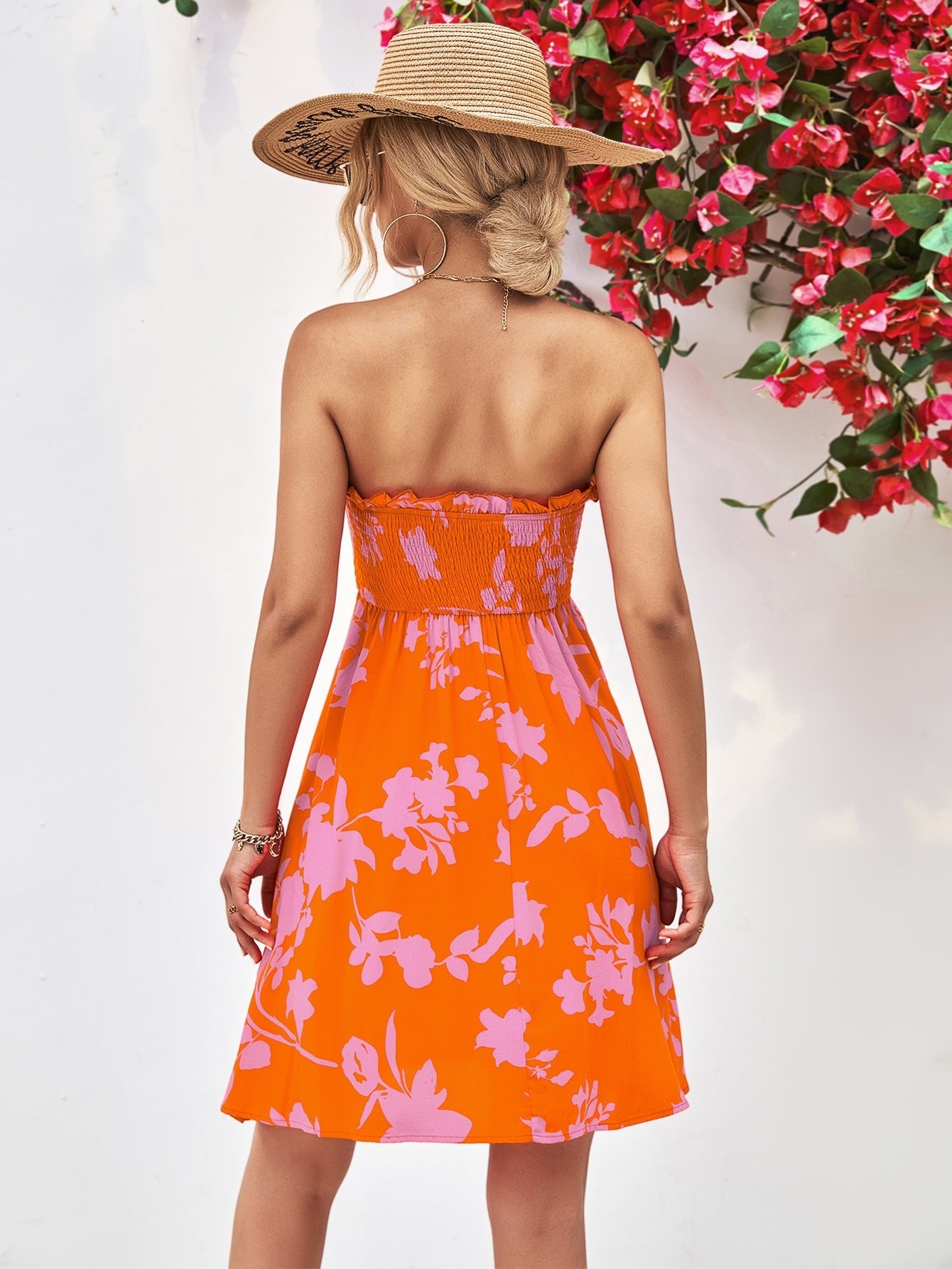Floral Frill Trim Strapless Smocked Dress - Guy Christopher