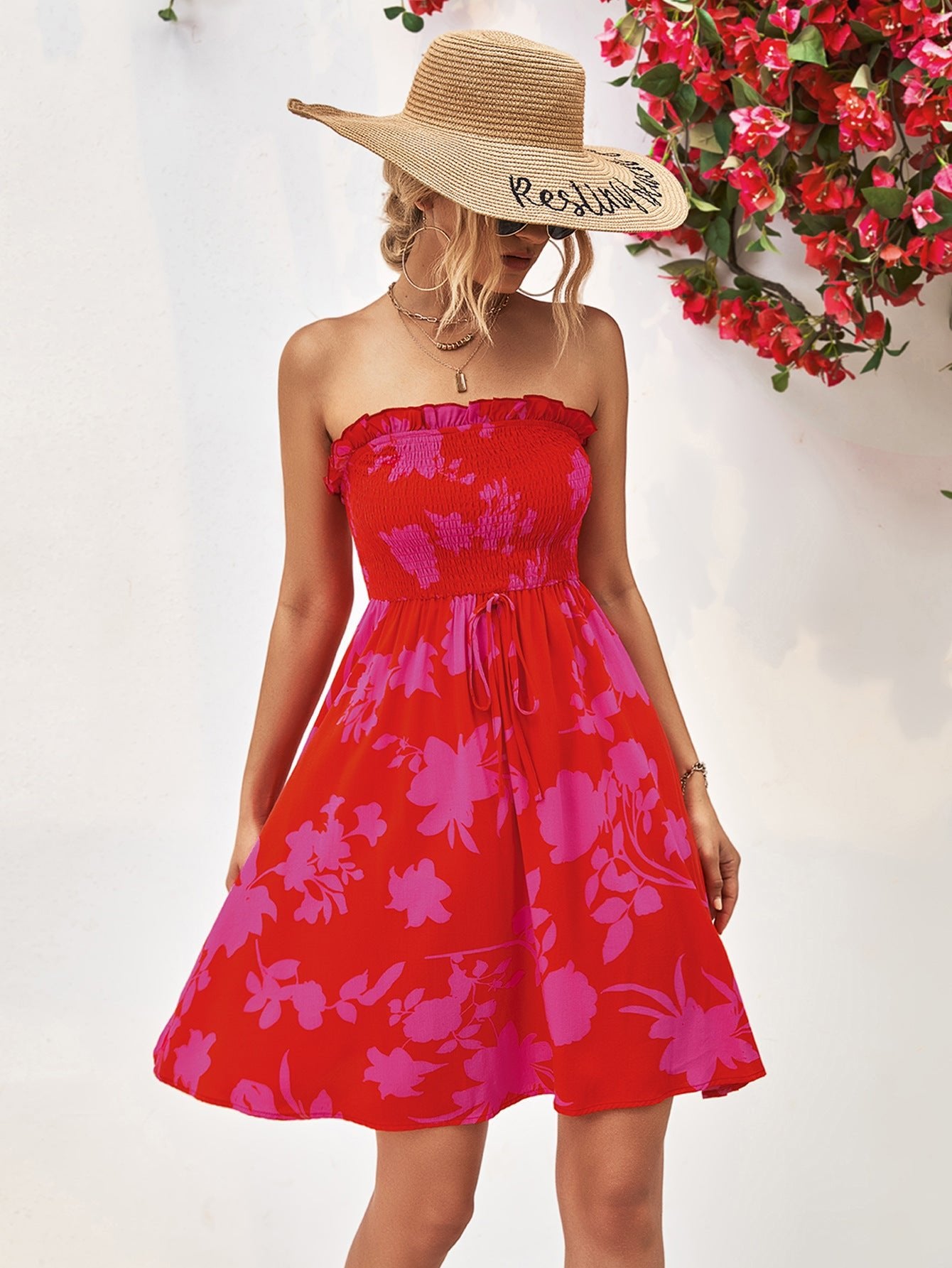 Floral Frill Trim Strapless Smocked Dress - Guy Christopher