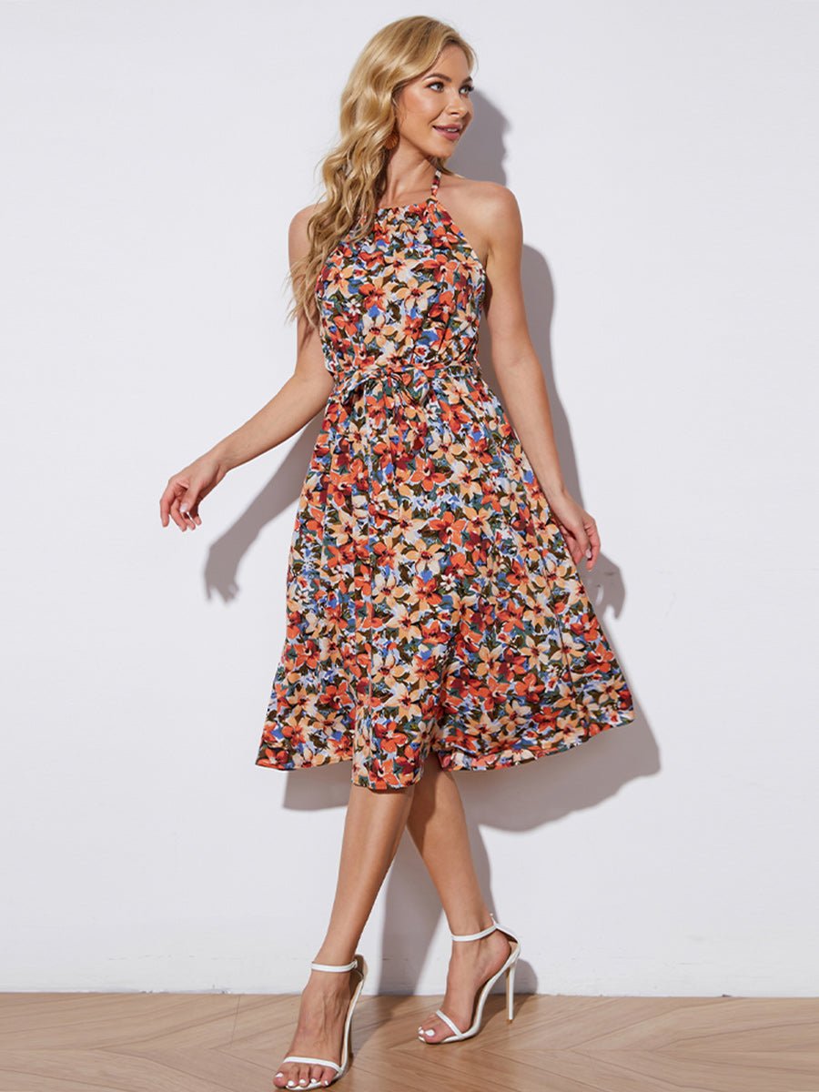 Floral Halter Neck Tie-Waist Backless Dress - Immerse in the Paradise of Love and Passion - Radiate Ethereal Charm to Captivate Your Beloved. - Guy Christopher