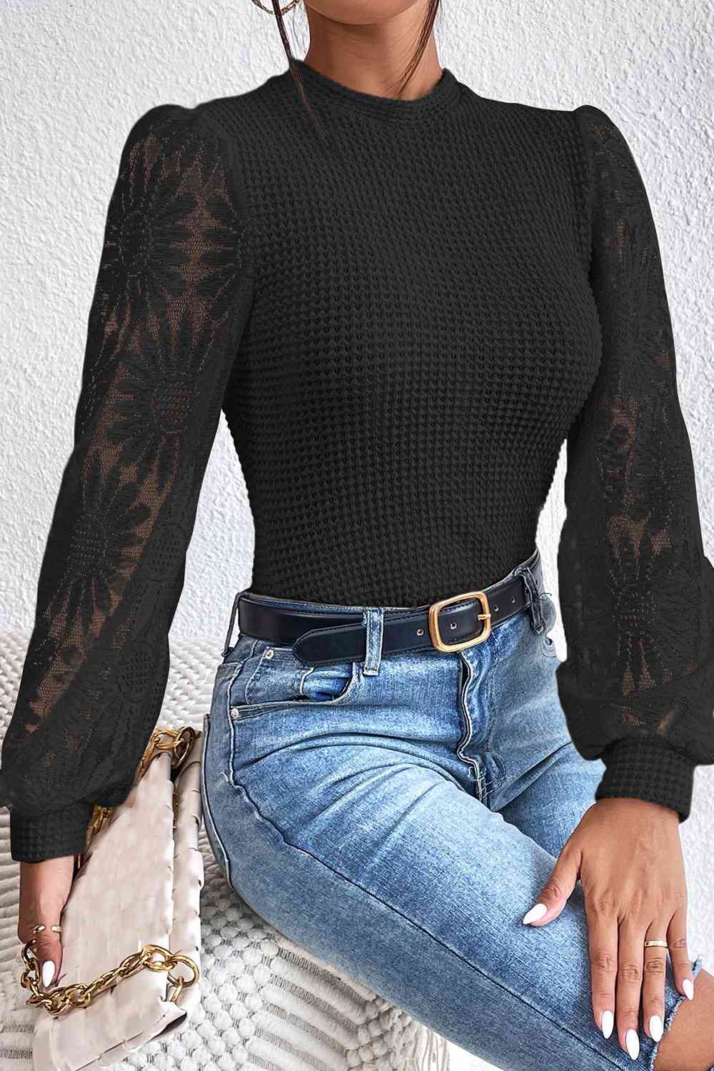 Floral Lace Detail Lantern Sleeve Blouse - Guy Christopher