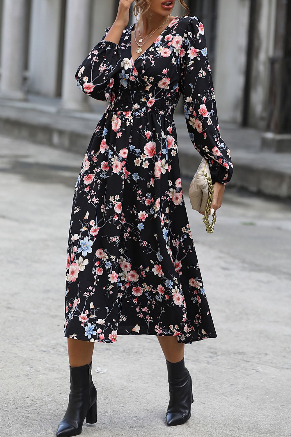 Floral Long Sleeve Surplice Neck Dress - Guy Christopher