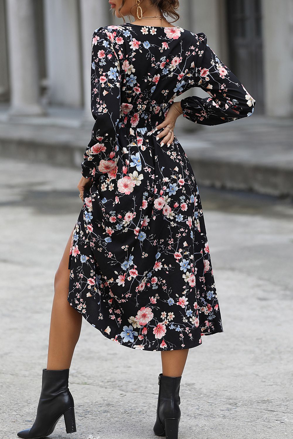 Floral Long Sleeve Surplice Neck Dress - Guy Christopher