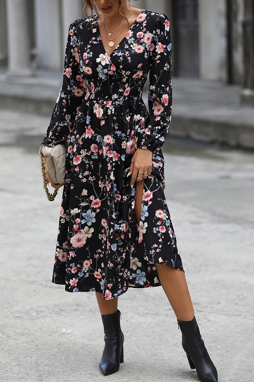 Floral Long Sleeve Surplice Neck Dress - Guy Christopher