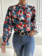 Floral Mock Neck Long Flounce Sleeve Blouse - Guy Christopher