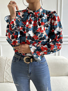 Floral Mock Neck Long Flounce Sleeve Blouse - Guy Christopher