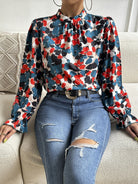 Floral Mock Neck Long Flounce Sleeve Blouse - Guy Christopher