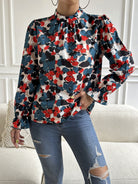 Floral Mock Neck Long Flounce Sleeve Blouse - Guy Christopher