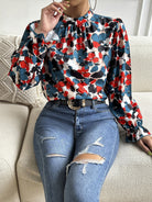 Floral Mock Neck Long Flounce Sleeve Blouse - Guy Christopher