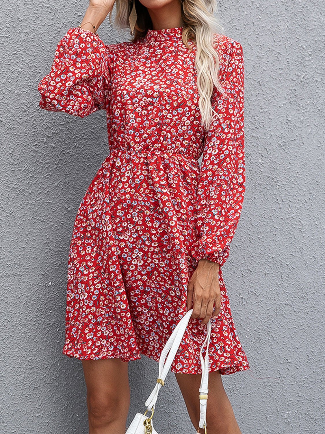 Floral Mock Neck Long Sleeve Dress - Guy Christopher