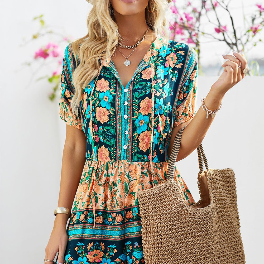 Floral Multicolored Tie-Neck Romper - Embrace the Bohemian Goddess in You - Indulge in a Heartwarming Natural Paradise - Guy Christopher
