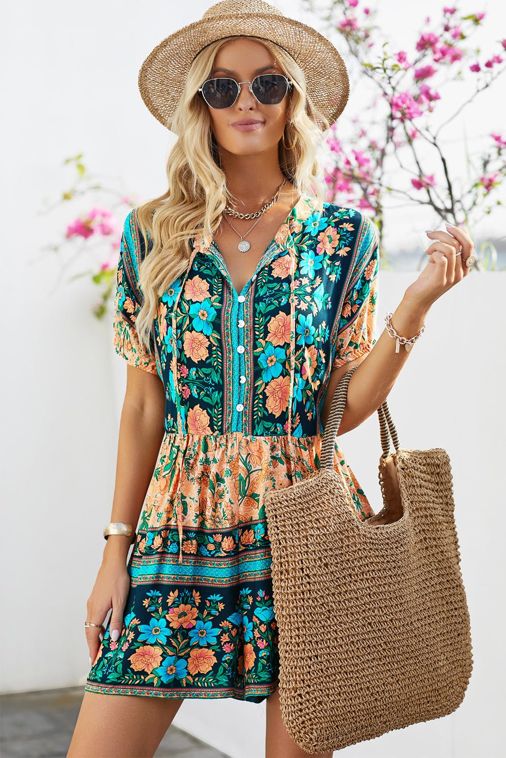 Floral Multicolored Tie-Neck Romper - Embrace the Bohemian Goddess in You - Indulge in a Heartwarming Natural Paradise - Guy Christopher