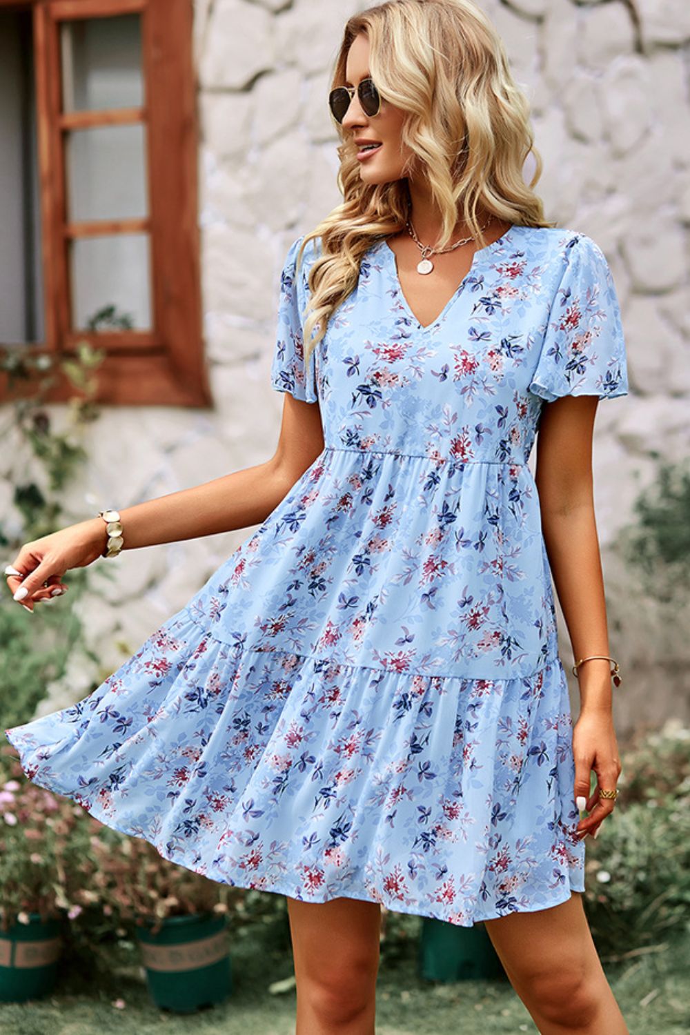 Floral Notched Flutter Sleeve Mini Dress - Guy Christopher