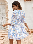 Floral Notched Neck Flounce Sleeve Dress - Guy Christopher