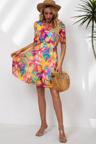 Floral Notched Neck Short Sleeve Dress - Guy Christopher