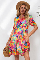 Floral Notched Neck Short Sleeve Dress - Guy Christopher