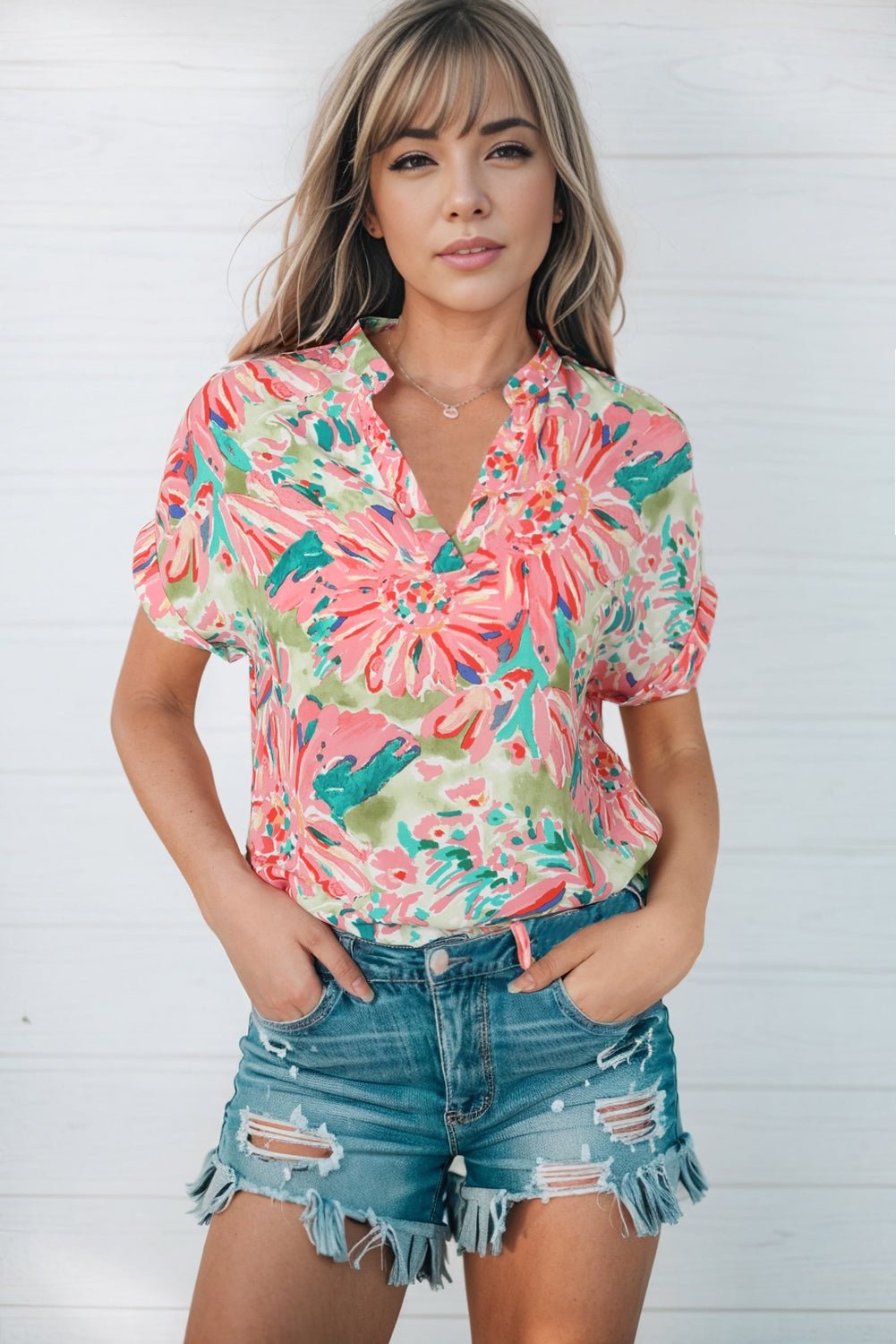 Floral Notched Neck Short Sleeve Top - Guy Christopher