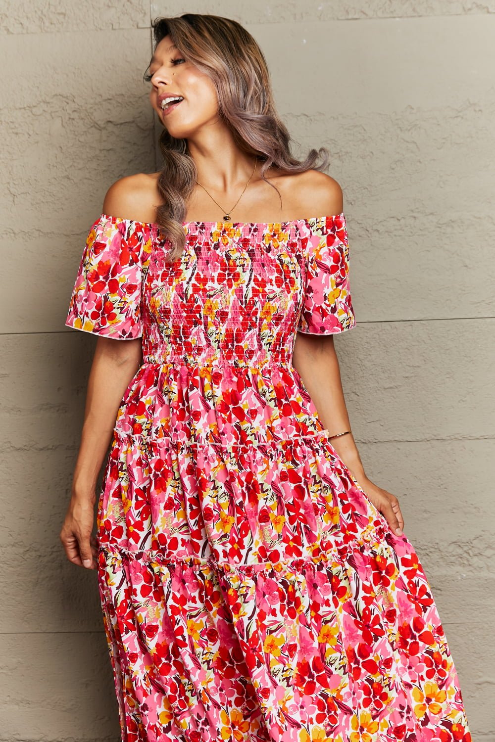 Floral Off-Shoulder Frill Trim Maxi Dress - Guy Christopher