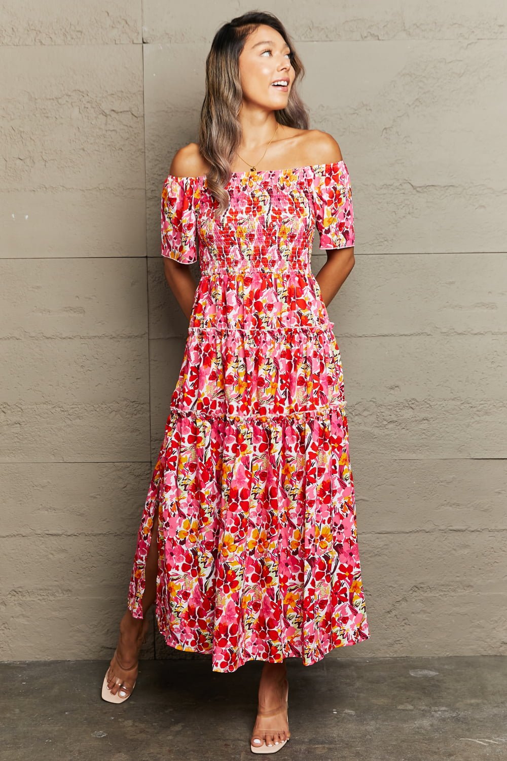 Floral Off-Shoulder Frill Trim Maxi Dress - Guy Christopher