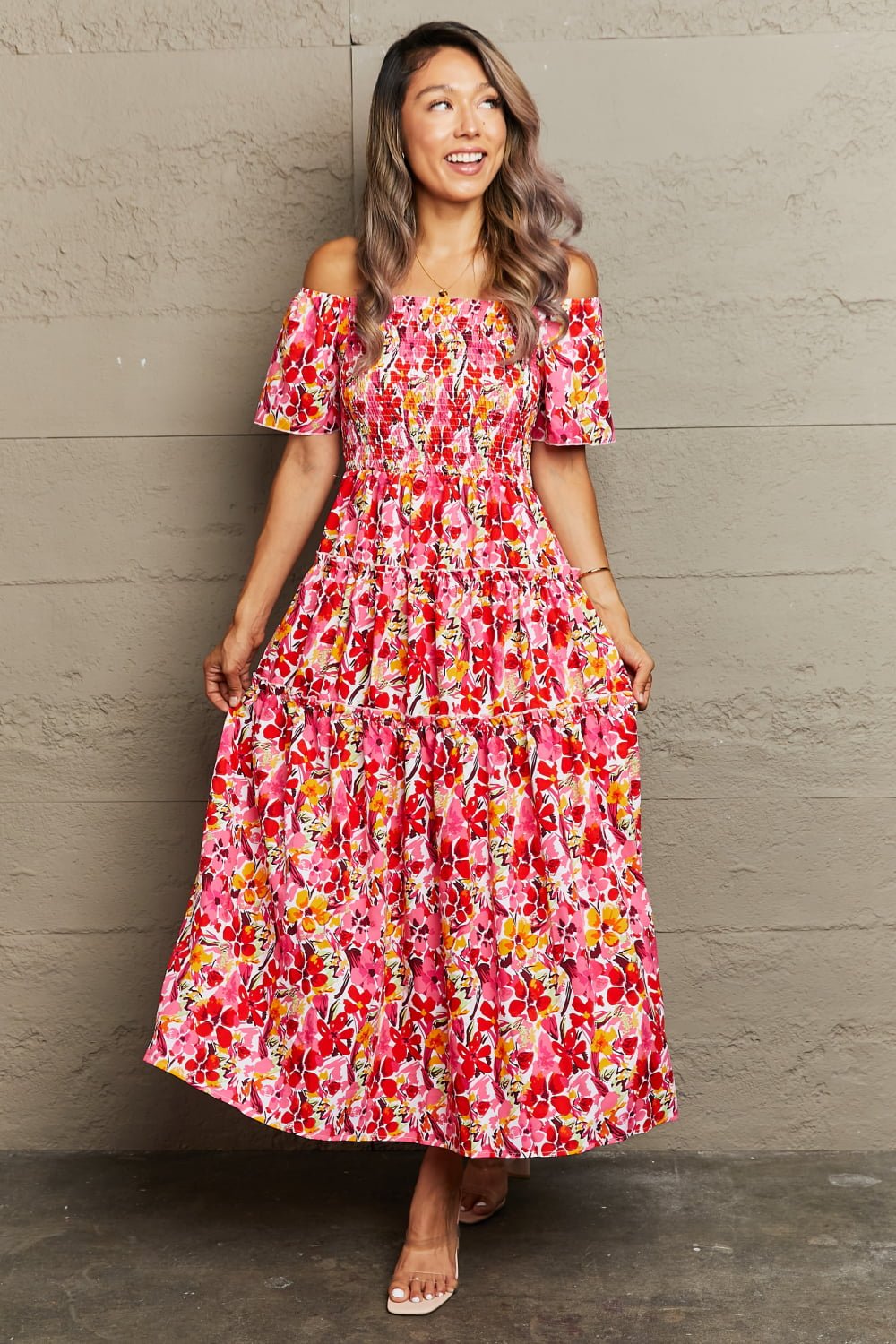 Floral Off-Shoulder Frill Trim Maxi Dress - Guy Christopher