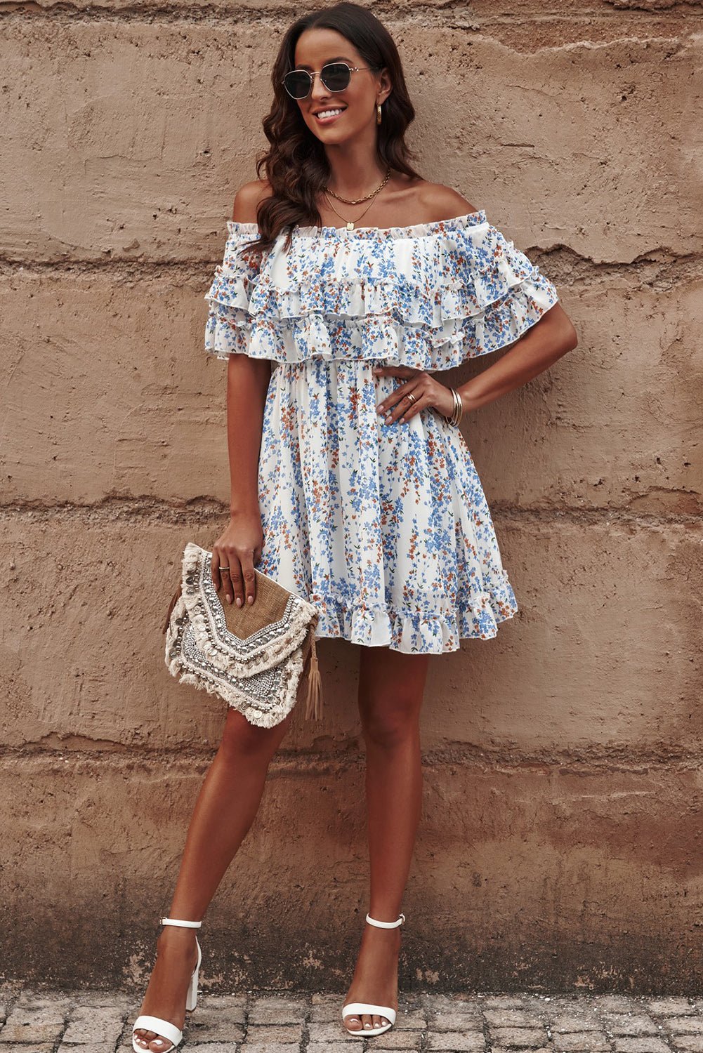 Floral Off-Shoulder Ruffle Hem Dress - Guy Christopher