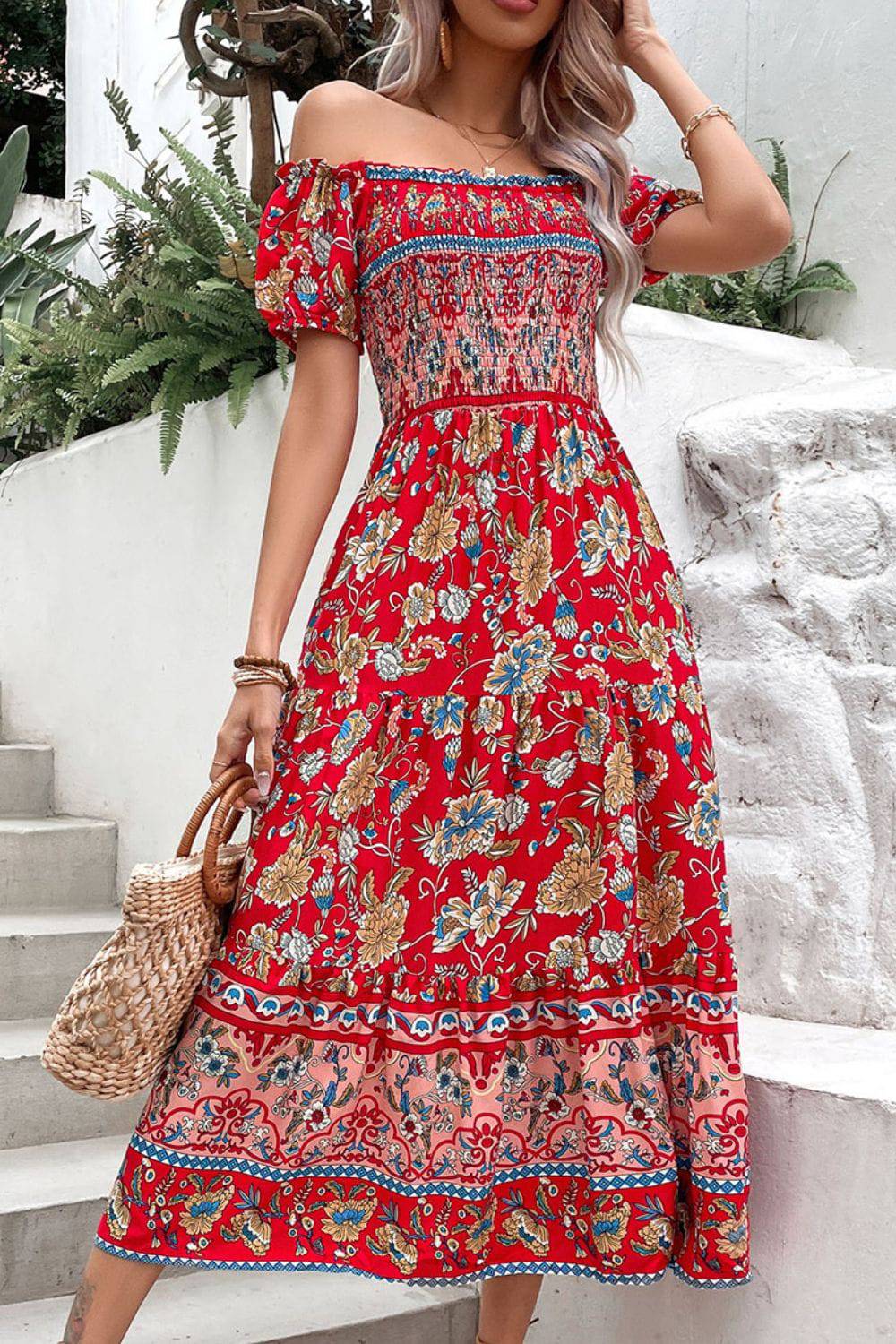 Floral Off-Shoulder Smocked Midi Dress - Guy Christopher