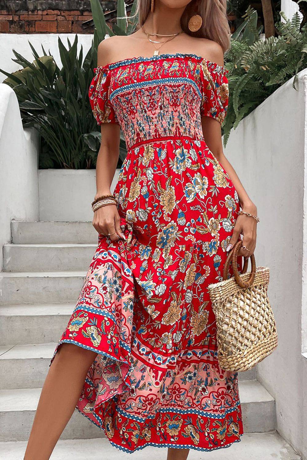 Floral Off-Shoulder Smocked Midi Dress - Guy Christopher