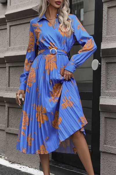 Floral Pleated Surplice Long Sleeve Midi Dress - Guy Christopher