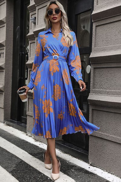 Floral Pleated Surplice Long Sleeve Midi Dress - Guy Christopher