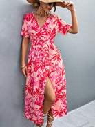 Floral Print High Slit Surplice Neck Tie Waist Midi Dress - Guy Christopher