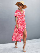 Floral Print High Slit Surplice Neck Tie Waist Midi Dress - Guy Christopher