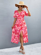 Floral Print High Slit Surplice Neck Tie Waist Midi Dress - Guy Christopher